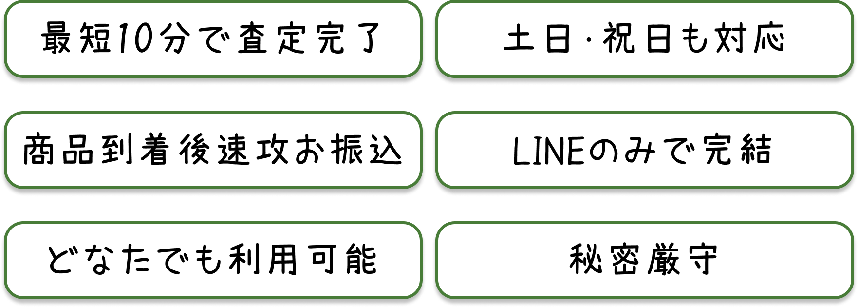 最短10分で査定完了/土日祝日も対応/商品到着後速攻お振込/LINEのみで完結/どなたでも利用可能/秘密厳守